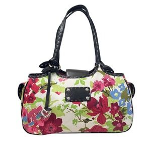 Brighton Womens Floral Canvas Leather Trim Tote Shoulder Bag Red‎ Green